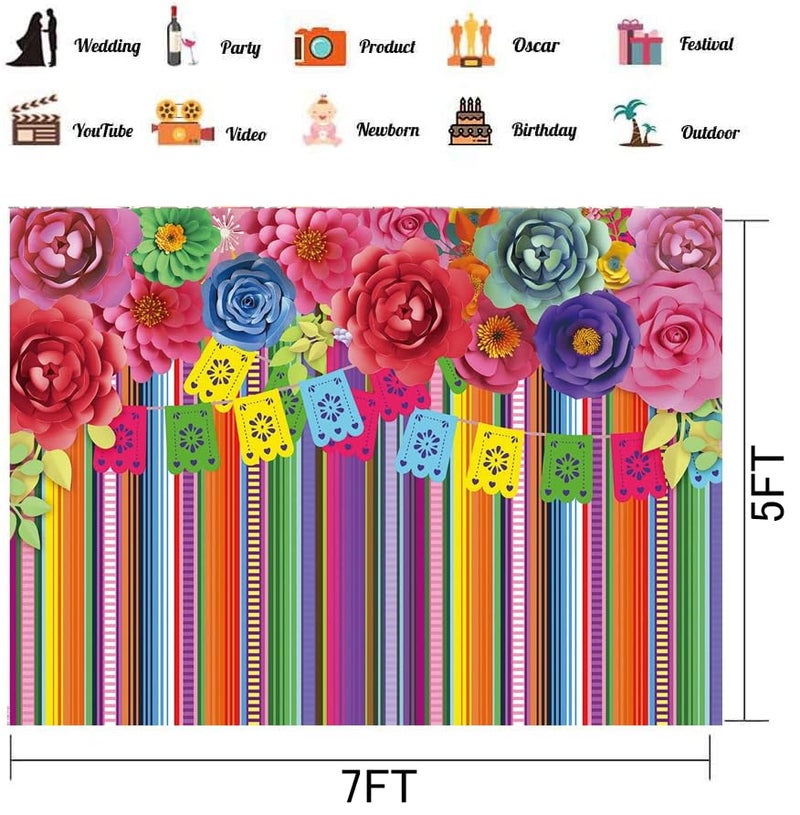 CHAIYA 7x5ft Mexican Fiesta Theme Backdrop Festival Birthday Party Decor Cinco De Mayo Carnival Colorful Flags Floral Banner Table Decor Background CY-125 - Image 5
